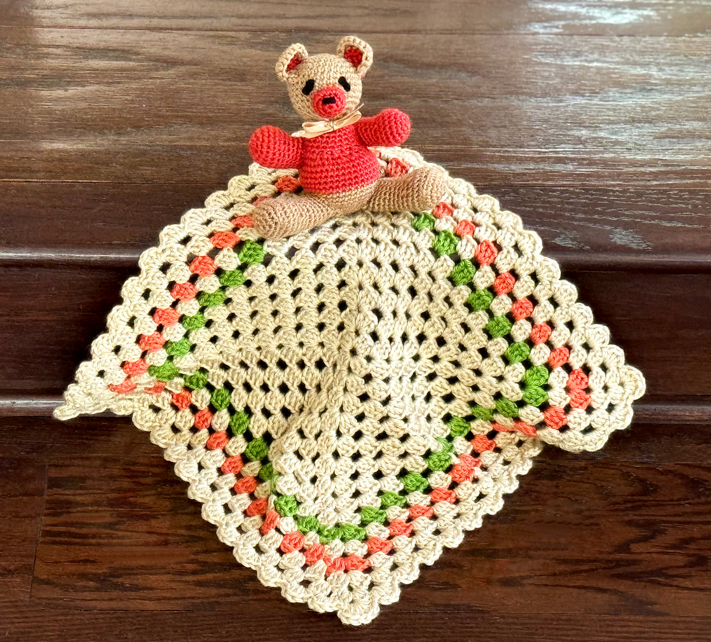 Comforting crochet Lovey & Bear Sets in colorful Fall colors, will help self-soothe babies during naps or bedtime. Hand crocheted with soft, upcycled acrylic yarn. A favorite for baby shower gifts. Lovey Dimensions: 16" x 16" Square Bear Dimensions: 5"wide, 7.5" high Hand wash cold water & mild detergent Consciously made in California