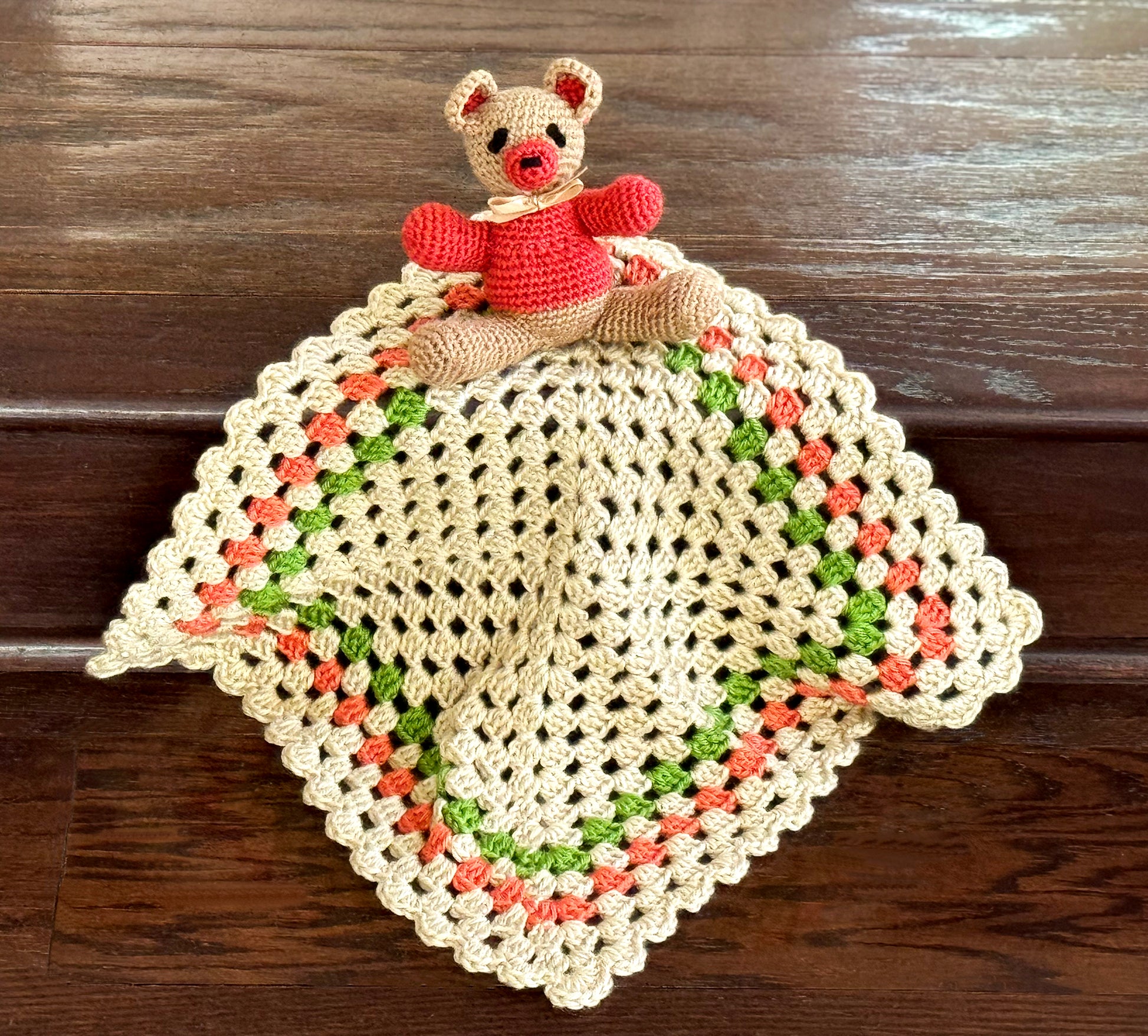 Comforting crochet Lovey & Bear Sets in colorful Fall colors, will help self-soothe babies during naps or bedtime. Hand crocheted with soft, upcycled acrylic yarn. A favorite for baby shower gifts. Lovey Dimensions: 16" x 16" Square Bear Dimensions: 5"wide, 7.5" high Hand wash cold water & mild detergent Consciously made in California