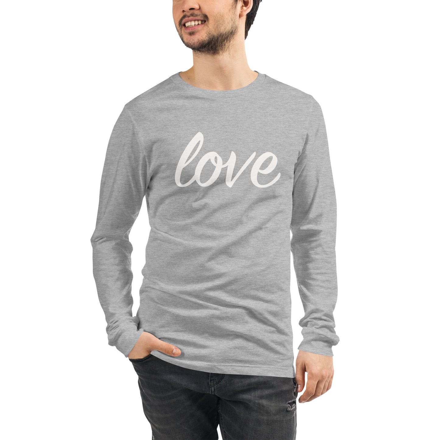 Love, the universal language, reminds us in these comfy, crew neck, long sleeve tees. Unisex fit with 'Love' hand printed on the front in white. We could all use a little more Love. 50/50 cotton/poly blend Machine washable, cold Made in California