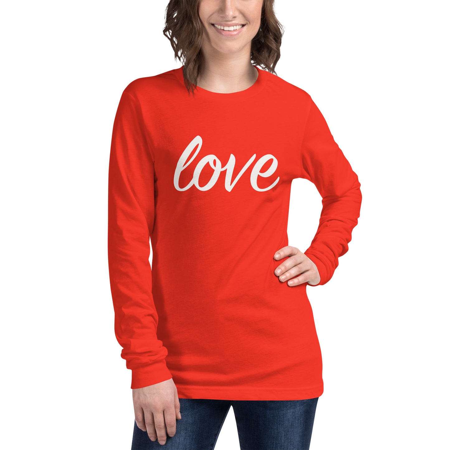 Love, the universal language, reminds us in these comfy, crew neck, long sleeve tees. Unisex fit with 'Love' hand printed on the front in white. We could all use a little more Love. 50/50 cotton/poly blend Machine washable, cold Made in California
