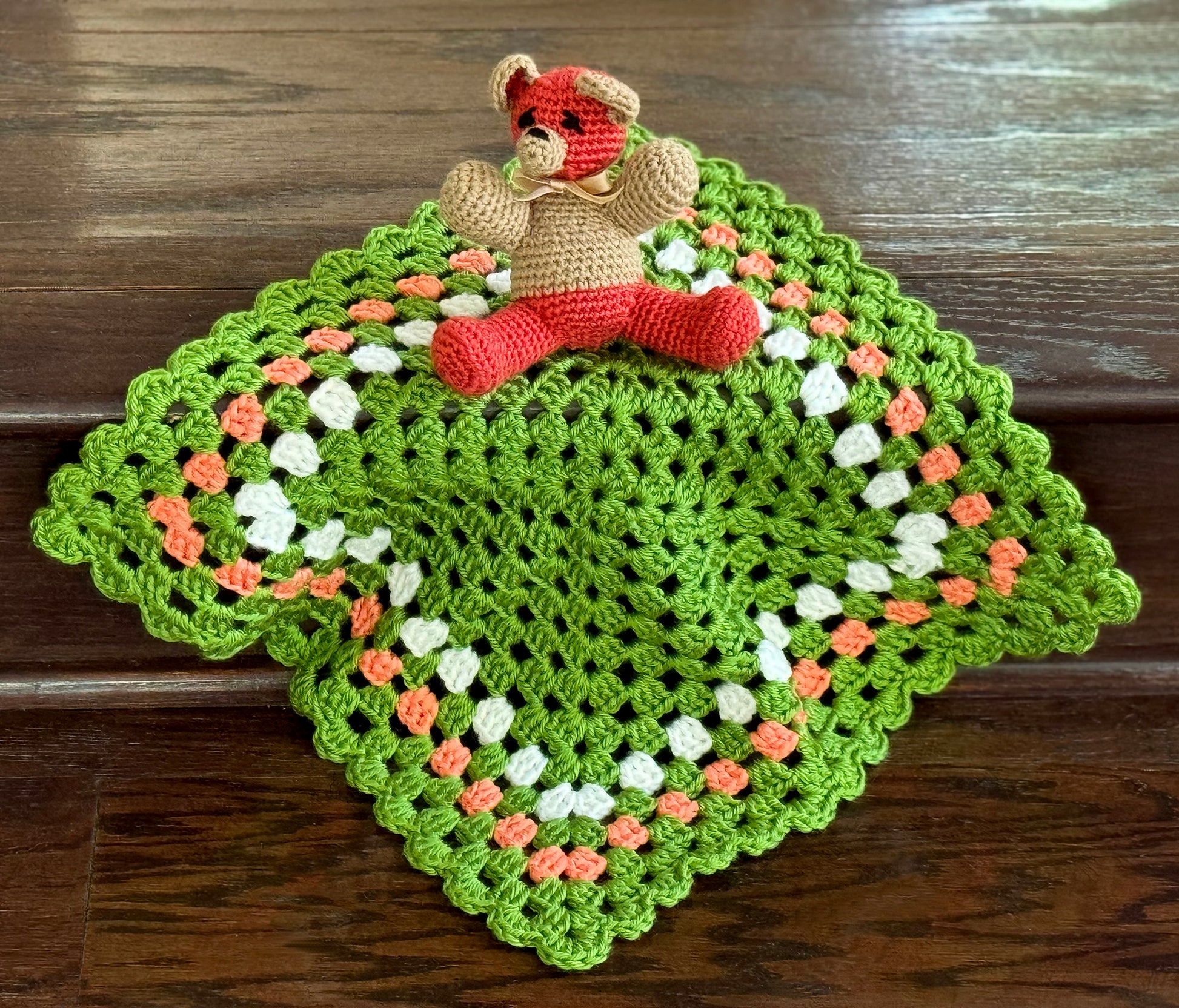 Comforting crochet Lovey & Bear Sets in colorful Fall colors, will help self-soothe babies during naps or bedtime. Hand crocheted with soft, upcycled acrylic yarn. A favorite for baby shower gifts. Lovey Dimensions: 16" x 16" Square Bear Dimensions: 5"wide, 7.5" high Hand wash cold water & mild detergent Consciously made in California