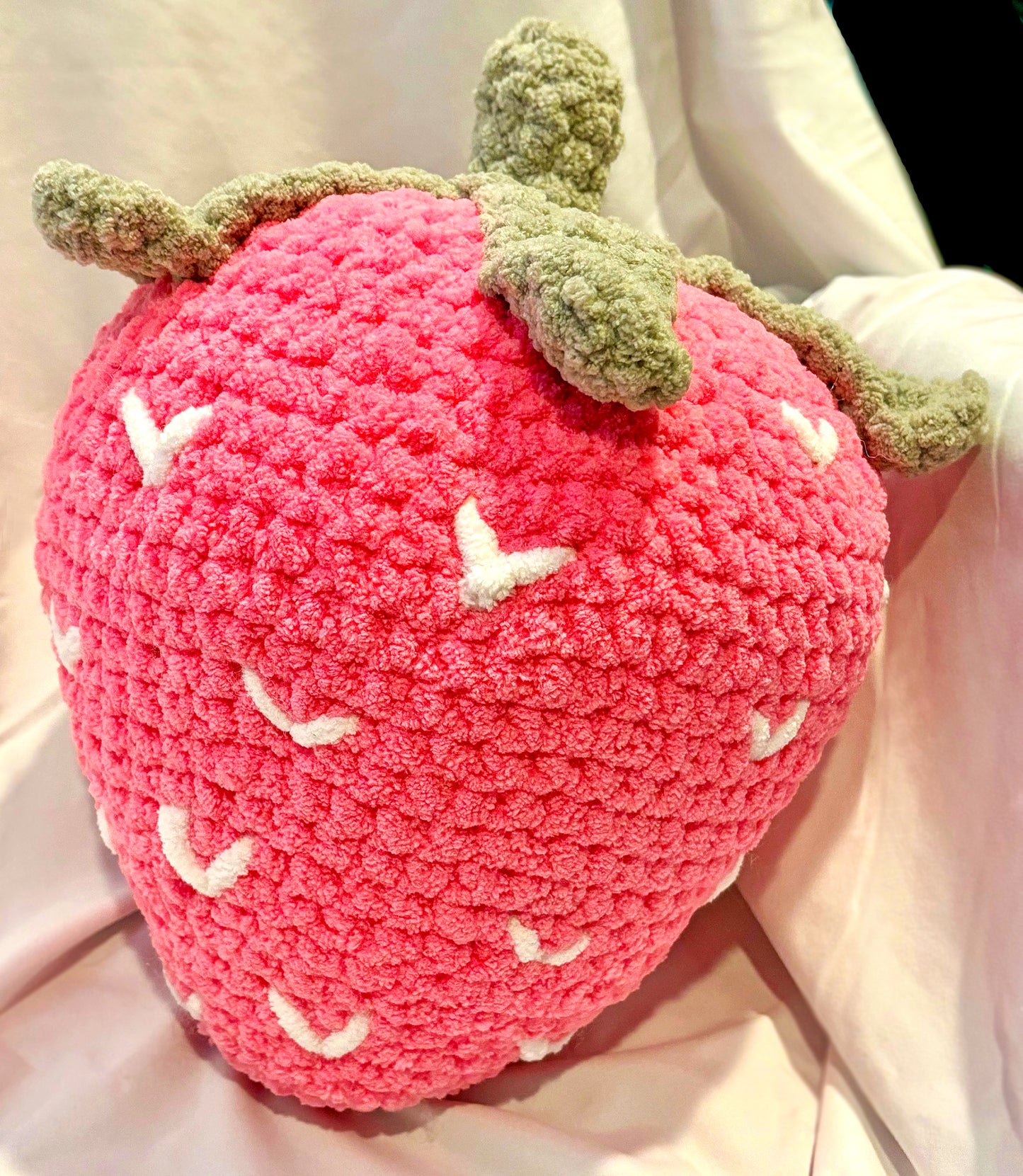 Adorable crochet plushie strawberry collectible is hand crafted by Anya, MarVia Square's youngest artisan. Made with the softest acrylic yarn. If there is a specific color combination you would like, it can be custom made upon request. Dimensions: 9" wide, 12" high Hand wash or dry clean only Consciously made in California