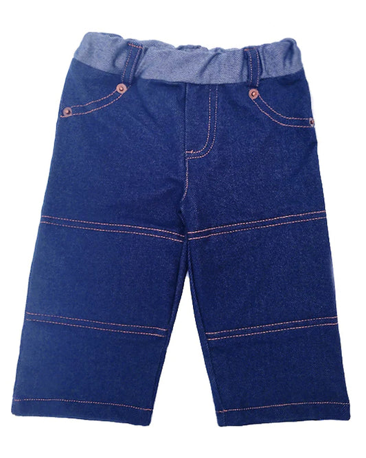 Our classic, soft denim knit jean is constructed with protective foam knee padding for active crawlers, and reinforced knee for toddlers. Elastic waist, top stitching, and copper rivets on pockets. Machine washable Consciously made in California