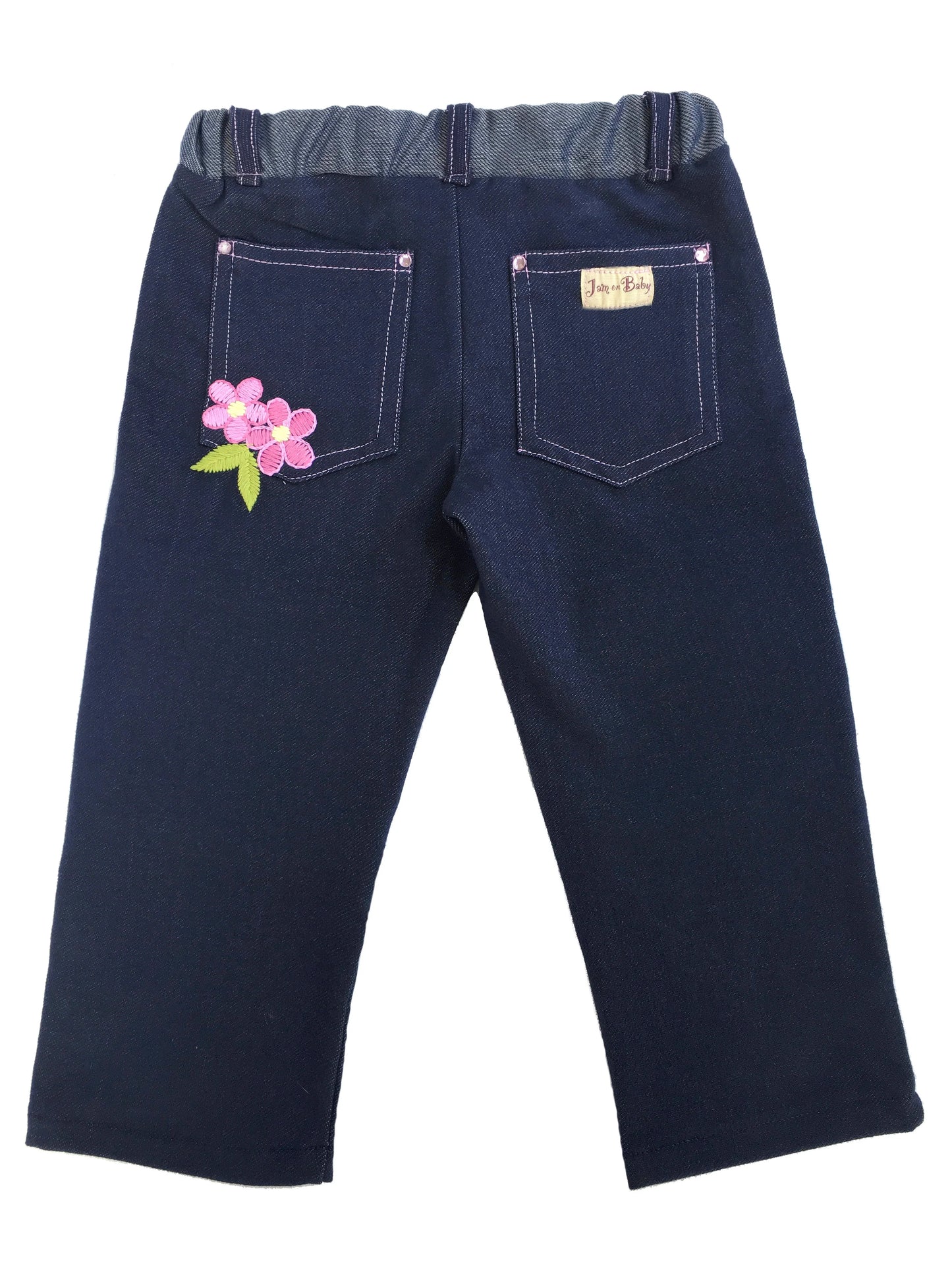 Soft denim knit jeans girls love to wear. Embroidered with pink daisies on our classic style jean with silver rivets on faux front pockets, functional back pockets, and elastic waist for easy on and off. Pair with Denim & Daisies Jean Jacket to complete the cutest outfit. Machine washable, delicate cycle, inside out to protect the embroidery Made in the jammin' USA