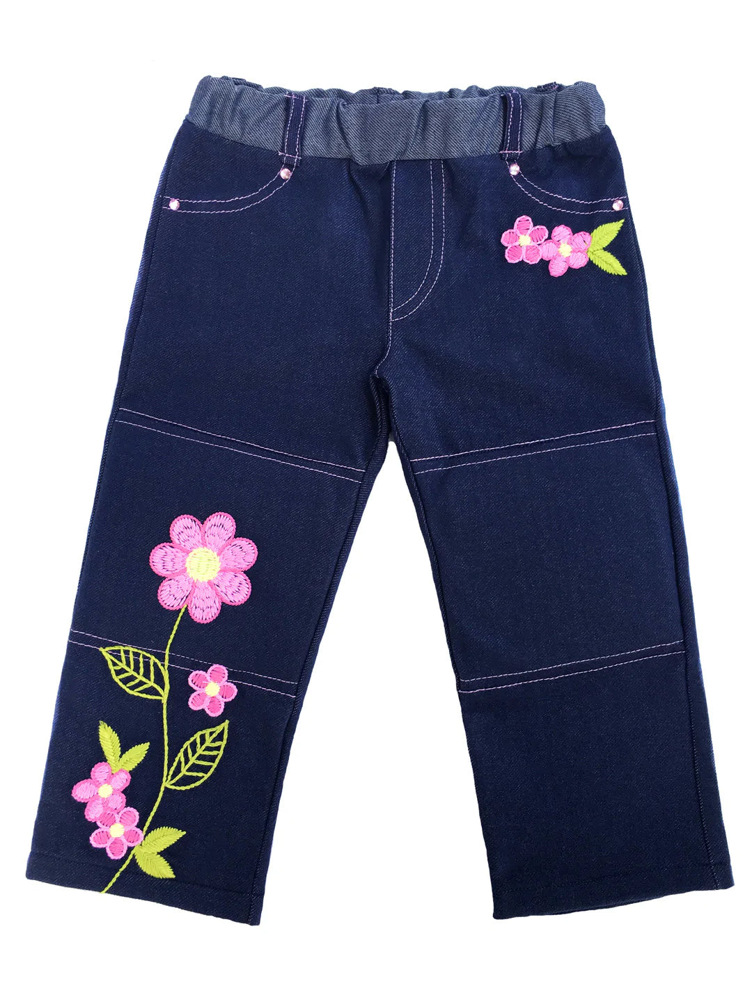 Soft denim knit jeans girls love to wear. Embroidered with pink daisies on our classic style jean with silver rivets on faux front pockets, functional back pockets, and elastic waist for easy on and off. Pair with Denim & Daisies Jean Jacket to complete the cutest outfit. Machine washable, delicate cycle, inside out to protect the embroidery Made in the jammin' USA