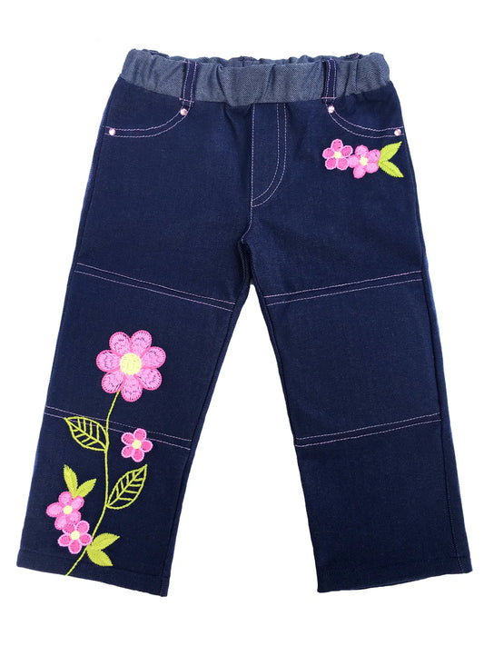 Soft denim knit jeans girls love to wear. Embroidered with pink daisies on our classic style jean with silver rivets on faux front pockets, functional back pockets, and elastic waist for easy on and off. Pair with Denim & Daisies Jean Jacket to complete the cutest outfit. Machine washable, delicate cycle, inside out to protect the embroidery Made in the jammin' USA