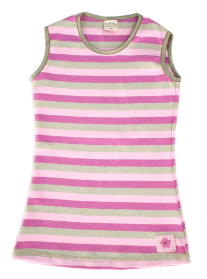 This cute & comfy, toddler tank dress is perfect for play. Made of soft combed cotton, rib knit with satin elastic binding on neckline and armholes, and hand crocheted flower applique on the hem. Color: Laguna Stripe Machine wash cold, Low heat Made in the Jammin' USA